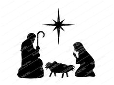 the birth of jesus and baby jesus in silhouette on a white background with a star above it