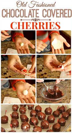 the process of making chocolate covered cherries is shown in four different pictures, including hands and