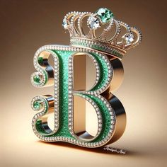 the letter b is made up of diamonds and emerald green enamel, with a crown on top