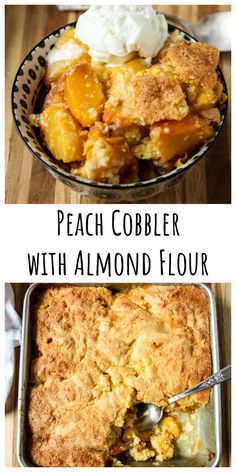 peach cobbler with almond flour in a bowl and on the side, topped with whipped cream