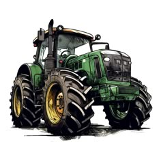 a drawing of a green tractor with big tires on it's front wheels and two yellow rims