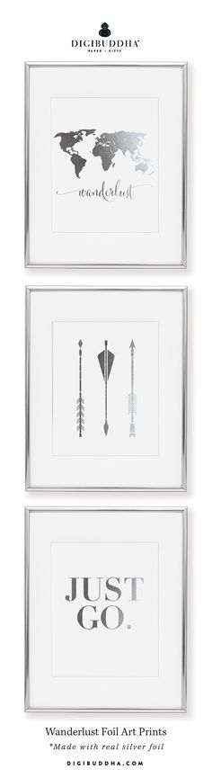 three framed art prints with arrows and the words just go on them in black and white