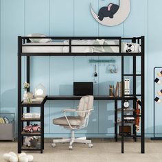 a bunk bed with a desk underneath it and a chair in front of the bed