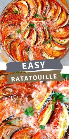 an easy ratatoulie recipe with tomatoes and zucchini in a casserole dish