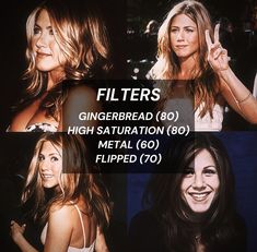 three pictures of women with different hair styles and words that read, filters gingerbread 80 high saturation 80 metal 60 flipped 70