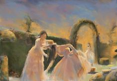 two women in white dresses are looking at each other and one is wearing a pink dress