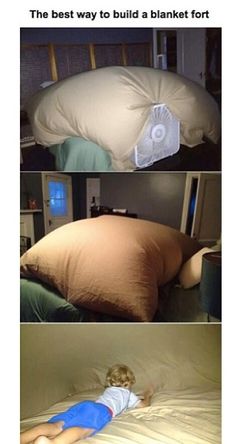 two pictures of a child laying on a bed with an inflatable pillow over it