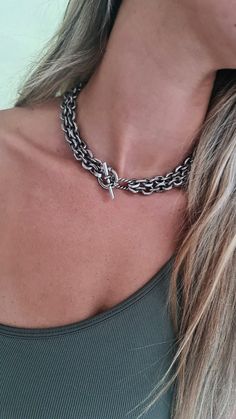 ▪  A beautiful necklace made of two layers of a cable chain Connected to a toggle clasp, made of OXIDE brass plated silver, The necklace Is full of presence and suitable For evening events and also for every day.     ▪  Chain length: 15" (38cm) up to 19.8" (50cm)  The measure refers to the chain when it is double.    (If you are interested in a different size you can send me a message).     Width toggle: 0.98" (2.5cm)      Width double chain:  0.59"(1.2cm)     Thick chain: 0.12"  (3mm) ▪  Layere Layered Chain Necklace, Stacked Necklaces, Layered Chains, Double Chain, Chunky Necklace, Beautiful Necklace, Jewelry Inspo, Silver Chain Necklace, Chain Choker