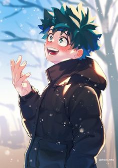 an anime character in the snow with his hand up and mouth open, wearing a black jacket