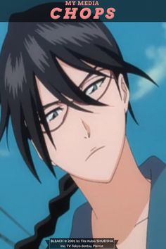 an anime character with black hair and blue eyes looking at the camera, text reads my media chops