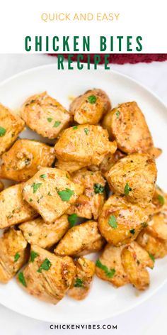 chicken bites recipe on a white plate with the title in the middle and green garnish