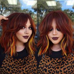 Colored Extensions, Bottleneck Bangs, Fall Haircut, Alt Hair, Creative Hair, Dye Ideas, Lighter Skin