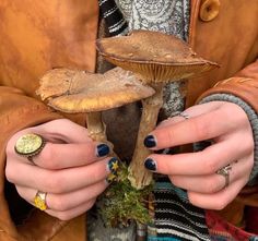 two hands with rings holding mushrooms in their palms and one has a ring on it's finger