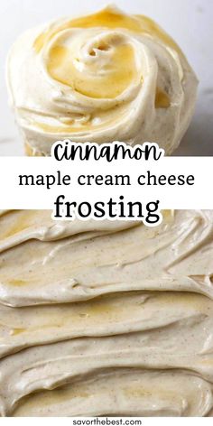 two images with the words cinnamon maple cream cheese frosting in front of them and an image