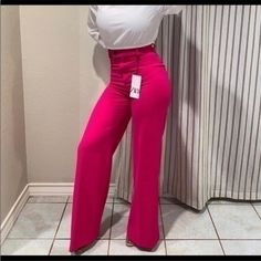 Nwt Zara Womens Full Length Pants Fuchsia 8345/707 Aprox 12.5 Inches Laying Flat Pink Straight Pants For Party, Zara High Waist Purple Bottoms, Chic Fitted Purple Pants, Elegant Pink Stretch Wide Leg Pants, Elegant Stretch Pink Dress Pants, Pink Wide Leg Pants For Work, Pink Stretch Wide Leg Pants For Work, Pink High Waist Stretch Wide Leg Pants, Pink Stretch Wide Leg Pants