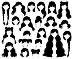 Set of Different Women's Hairstyles by ochrerainbows on @creativemarket Cartoon Hair Front View, Black Women Hair Drawing Reference, Cartoon Character Hairstyles, Black Hairstyles Drawing Reference Women, Women Hair Reference, Black Woman Hair Drawing, Cartoon Hairstyles Female, Woman Hairstyles Drawing, Short Hairstyle Women Drawing