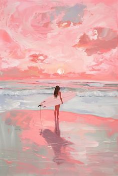 a painting of a girl holding a surfboard on the beach at sunset or sunrise