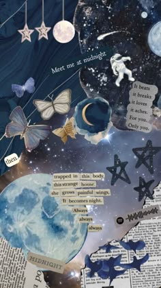 an altered collage of stars, moon and other things in space with words written on them