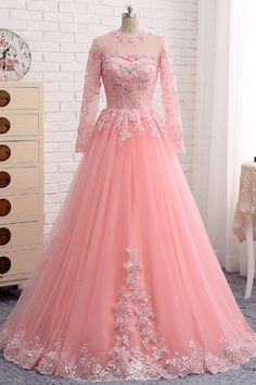 Lace Dress Outfit, डिजाइनर कपड़े, Projek Menjahit, Formal Prom Dresses Long, Pink Ball Gown, Prom Dresses Long Pink, Wedding Gowns With Sleeves, Formal Occasion Dress