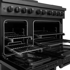 the double ovens are black and chrome