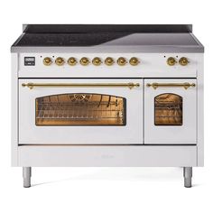 an old fashioned white oven with gold trimmings on the front and side doors