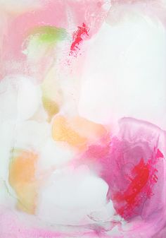 an abstract painting with pink, yellow and green colors