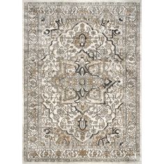 a beige and black rug with an intricate design