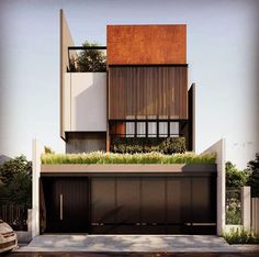 an artist's rendering of a modern house with grass on the roof and garage