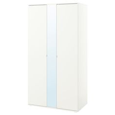 a white wardrobe with two doors and blue trim