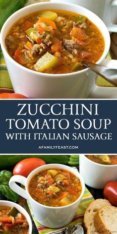 zucchini tomato soup with italian sausage in a white bowl on a colorful table cloth