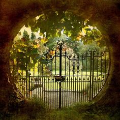 an iron gate is seen through the center of a circular hole with trees in the background