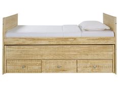 a bed with drawers underneath it and a white pillow on the bottom one side is made out of wood