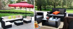 an outdoor patio furniture set is shown in two different photos, one with a red umbrella and the other with orange pillows