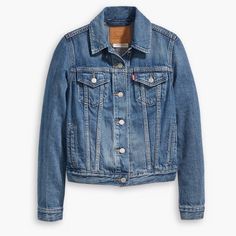 Fitted Trucker Jacket New With Tag 99% Cotton, 1% Elastane Measurements Laying Flat: Armpit To Armpit 19 Inches, Length 20 Inches. Bx:4 Levi Denim Jacket, Levis Denim Jacket, Levis Jacket, Jean Jacket Women, Classic Jacket, Black Denim Jacket, Levis Women, Levis Denim, Denim Jacket Women