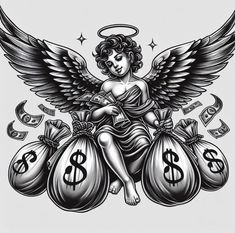 an angel sitting on top of money bags