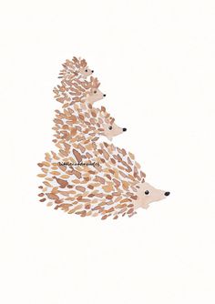 a drawing of two hedgehogs with leaves on their backs, one is brown and the other is white