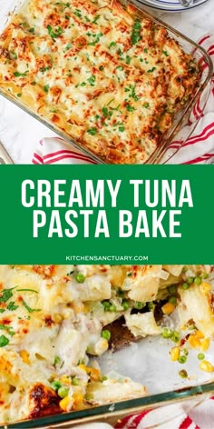 creamy tuna pasta bake in a glass casserole dish