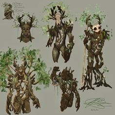 some strange looking creatures with trees on their heads and arms, all in different poses