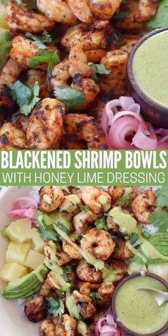 blackened shrimp in bowl with rice and honey lime dressing Blackend Shrimp, Gluten Free Bowls, Shrimp Rice Bowl Recipe, Gluten Free Shrimp Recipes, Seafood Bowl, Healthy Coconut Shrimp, Gluten Free Bowl, Shrimp Bowls, Honey Shrimp