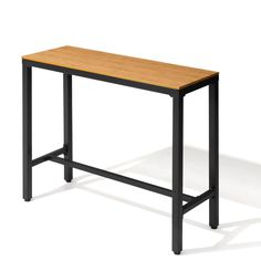 a wooden table with metal legs on a white background