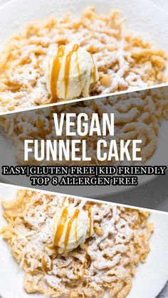 vegan funnel cake on a white plate with text overlay