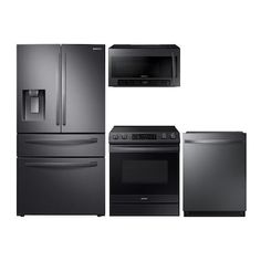 the kitchen appliances are all in black and stainless steel colors, including an oven, refrigerator, microwave, dishwasher, and stove