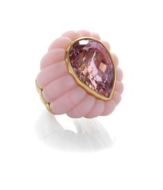 Faceted kunzite, carved pink opal, 18K gold, and platinum Elegant Pink Opal Ring, Formal Pink Oval Opal Ring, Luxury Pink Cabochon Jewelry, Elegant Pink Opal Gemstone Ring, Elegant Pink Opal Ring For Formal Occasions, Sparkly Ring, David Webb, Pink Opal, Cocktail Rings