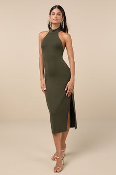 It's easy to see why everyone is swooning over you in the Lulus Simply Enchanted Olive Green Halter Midi Dress! Soft, medium-weight stretchy knit shapes a sleeveless bodice with a halter neckline that secures with button loops above the open back. Bodycon silhouette continues into a flattering skirt that ends at a midi hem with a tasteful side slit. Fit: This garment fits true to size. Length: Mid-calf length. Size medium measures 43.5" from top to bottom. Bust: Great for any cup size. Waist: Fi Midi Halter Dress, Green Halter Dress, Black Tie Wedding Guests, Dress Stretch, Cotton Dress Summer, Halter Midi Dress, Midi Cocktail Dress, Guest Outfit, Halter Neckline