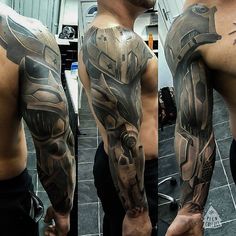 Cyborg Armor Sleeve | Best tattoo ideas & designs Mechanical Arm Tattoo, Manly Tattoos, Armour Tattoo, Biomech Tattoo, Shoulder Armor Tattoo, Robot Tattoo, Tatoo 3d, Basic Tattoos, Super Tattoo