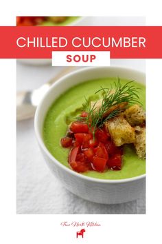 chilled cucumber soup in a white bowl with garnishes on top