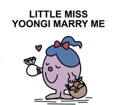 a cartoon character is holding a diamond in her hand and the words, little miss young marry me