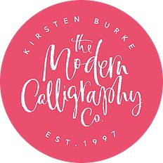 the modern calligraphy co logo on a pink circle with white lettering and handwritten font