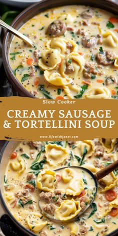 creamy sausage and tortellini soup in a bowl