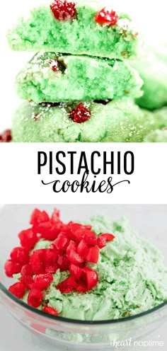 green and red desserts stacked on top of each other with the words pistachio cookies above them